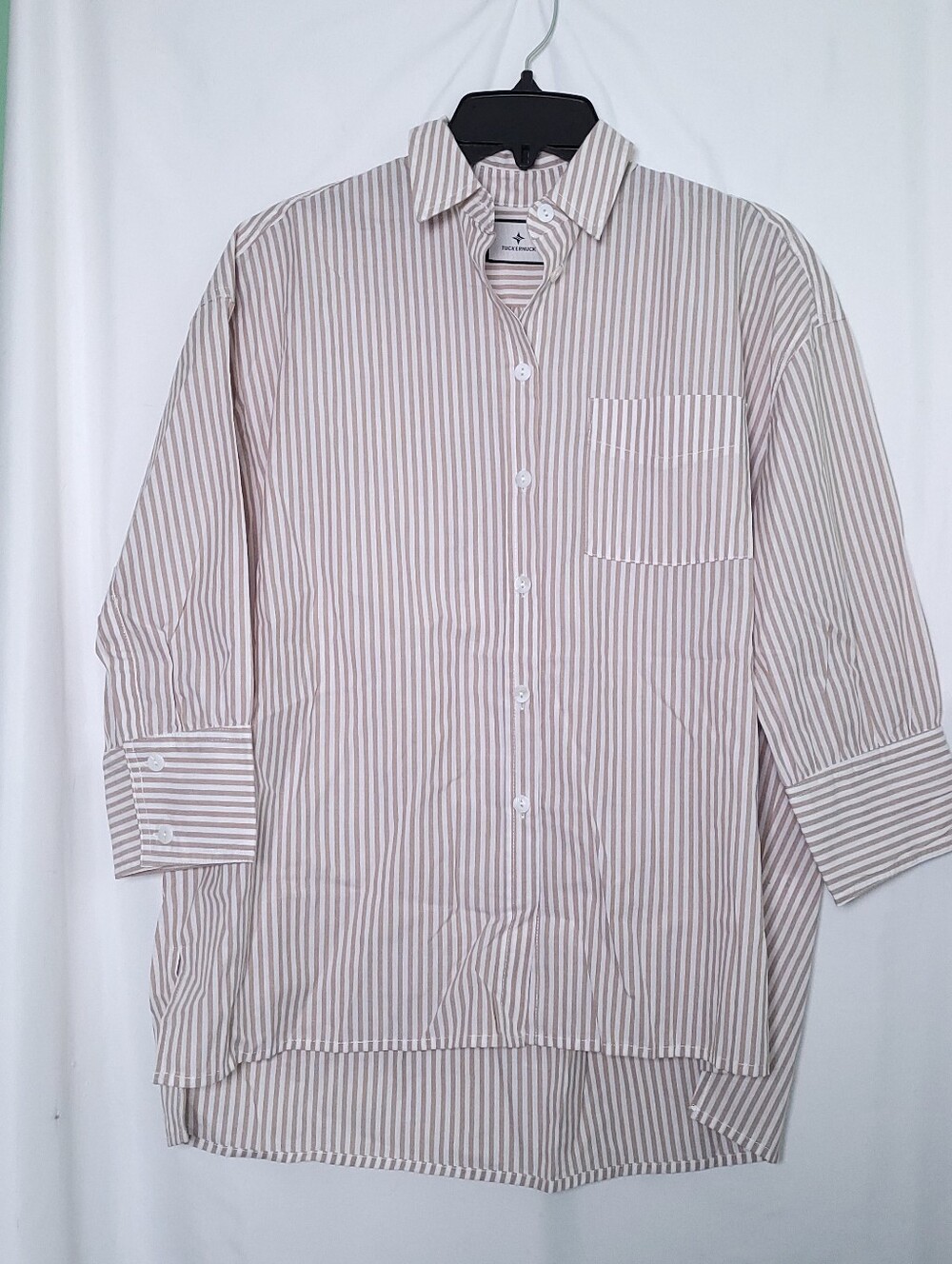 TUCKERNUCK Women's Oversized Brown & White Striped Button Down Shirt XXS